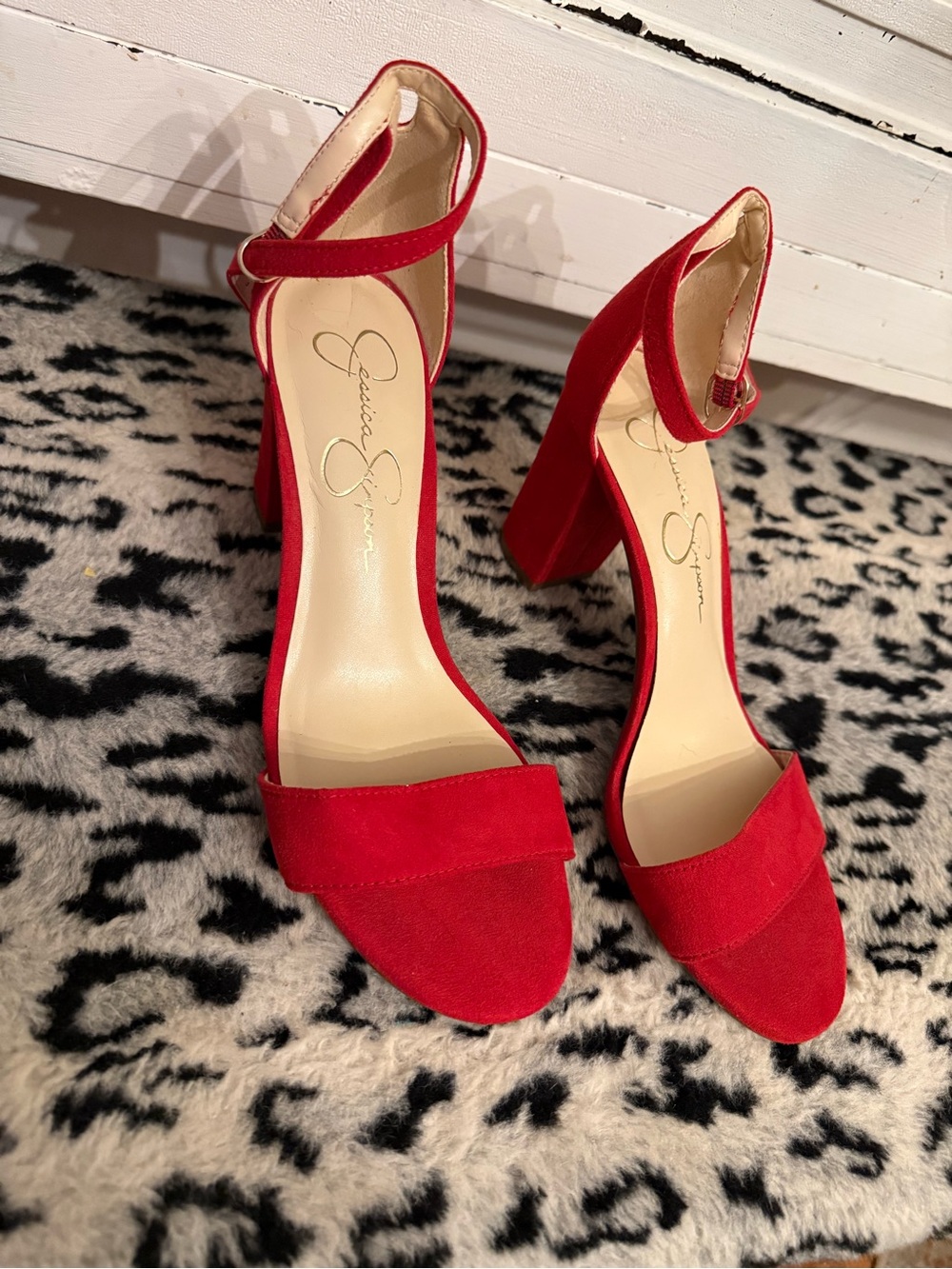 Jessica Simpson Red Suede Ankle-Strap Block Heels